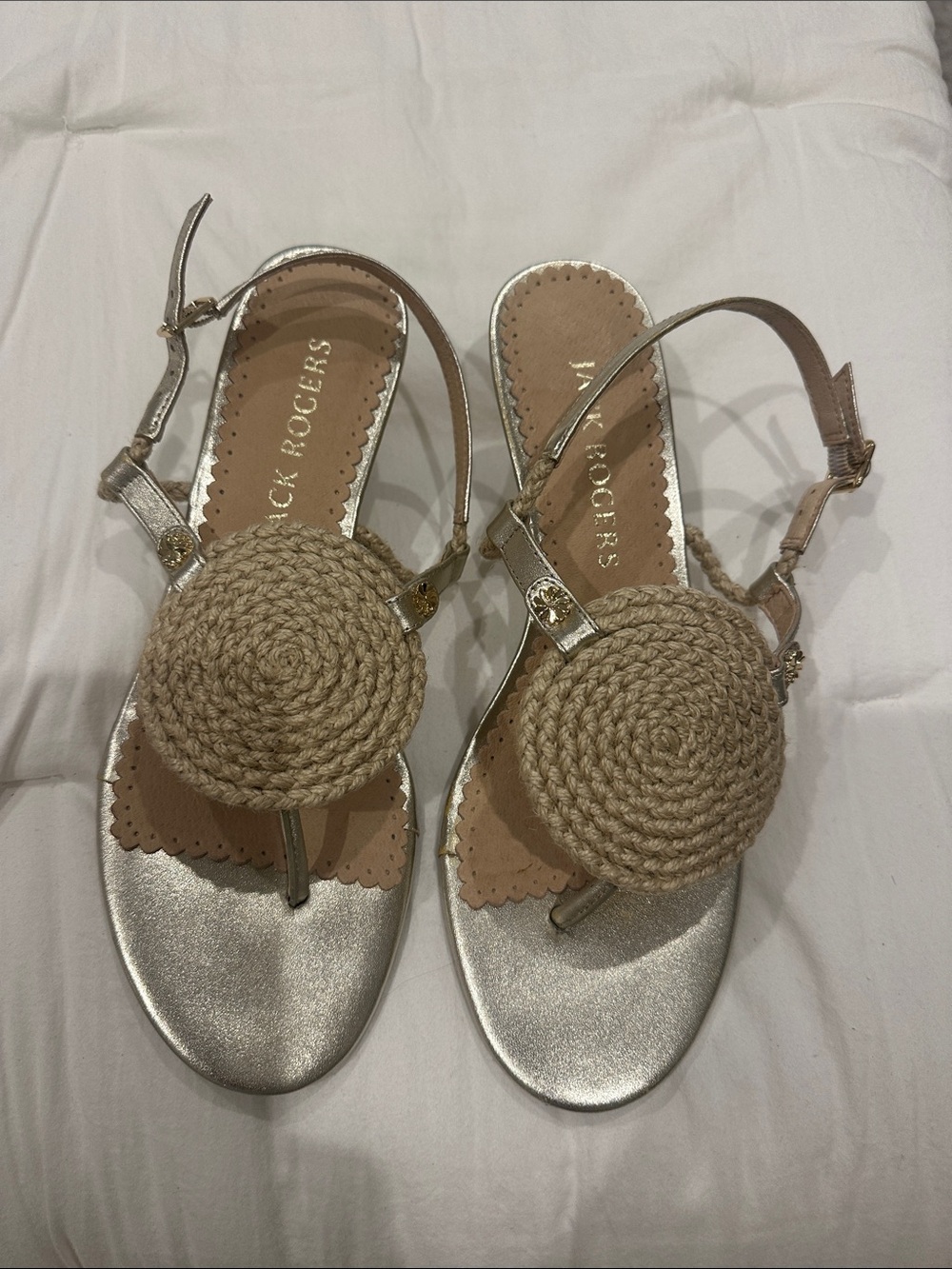Jack Rogers Gold tone Sandals with Natural Rope Medallion